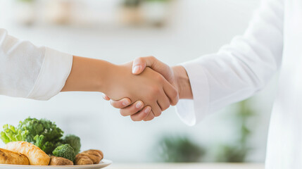 Culinary Collaboration: A close-up shot of two chefs shaking hands, symbolizing partnership and culinary excellence, with fresh vegetables in the foreground.