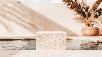 Summer vacation Beach Podium. Modern aesthetic sea and sand podium abstract scene. Empty stage minimalistic boho design background. Stand product showcase.