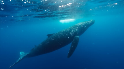 A large gray whale glides through the crystal-clear blue waters of the ocean. The sun shines from above, illuminating its massive body as it swims peacefully, showcasing the beauty of marine life.