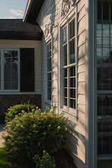 Charming Suburban House Exterior with Lush Greenery and Sunlight. Classic architectural design, peaceful atmosphere, perfect family home. Real estate photography.