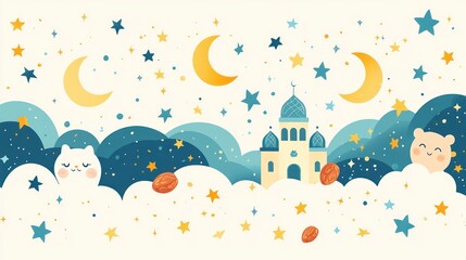 Naklejka premium Whimsical night scene with animals and a castle.