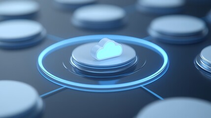 Futuristic Cloud Technology Concept with Circular Interface and Glowing Elements on Dark Background