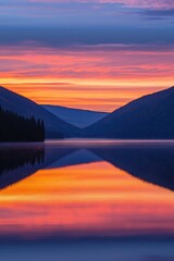 Obraz premium Serene Sunset Over Mountain Lake with Vivid Colors and Reflections in Tranquil Water