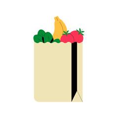 Grocery Bag Filled With Fresh Produce Including Bananas, Tomatoes, And Spinach In Flat Vector Illustration Symbolizing Grocery Shopping And Healthy Food, Isolated On White Background