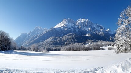 Panoramic shot of a winter landscape featuring towering snow-covered mountains against a crystal-clear blue sky, capturing the serenity and beauty of the alpine scenery 