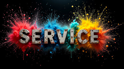 Bright colored powders burst around the word service, creating an energetic vibe perfect for marketing and events. The vibrant hues showcase creativity and engagement in a striking manner.