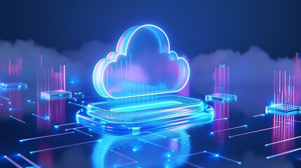 Futuristic Cloud Technology Concept with Neon Lights and Digital Data Visualization in 3D Style