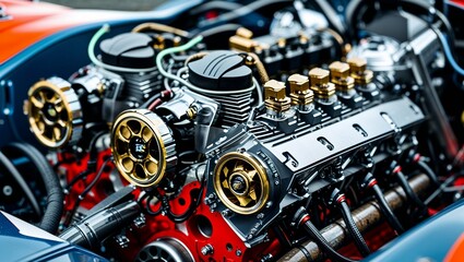 Fototapeta premium Intricate Close-Up of a Custom Race Car Engine Showcasing Unique Mechanical Design Element