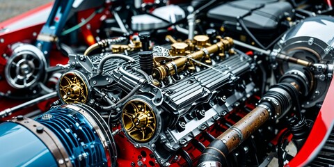 Intricate Close-Up of a Custom Race Car Engine Showcasing Unique Mechanical Design Element