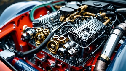 Fototapeta premium Intricate Close-Up of a Custom Race Car Engine Showcasing Unique Mechanical Design Element