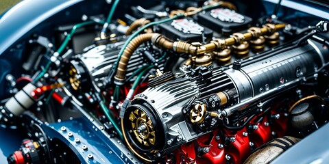 Intricate Close-Up of a Custom Race Car Engine Showcasing Unique Mechanical Design Element