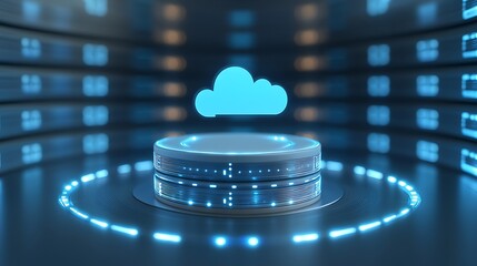 Futuristic Data Center with Cloud Icon and Glowing Circuits Representing Digital Technology Concepts
