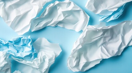 Obraz premium Crumpled blue paper pieces scattered across a flat surface create a unique texture suitable for artistic and design applications