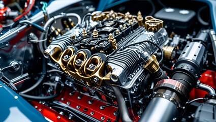 Intricate Close-Up of a Custom Race Car Engine Showcasing Unique Mechanical Design Element