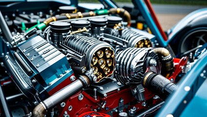 Fototapeta premium Intricate Close-Up of a Custom Race Car Engine Showcasing Unique Mechanical Design Element