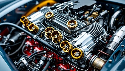 Fototapeta premium Intricate Close-Up of a Custom Race Car Engine Showcasing Unique Mechanical Design Element