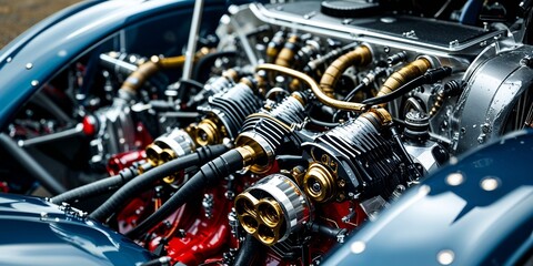 Obraz premium Intricate Close-Up of a Custom Race Car Engine Showcasing Unique Mechanical Design Element