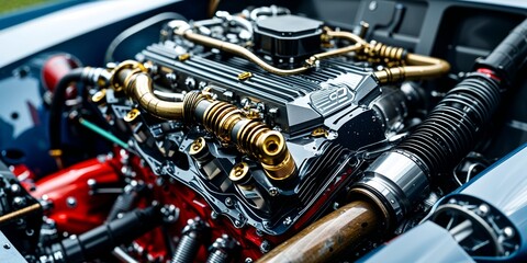 Obraz premium Intricate Close-Up of a Custom Race Car Engine Showcasing Unique Mechanical Design Element