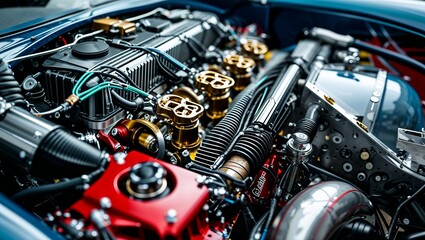 Intricate Close-Up of a Custom Race Car Engine Showcasing Unique Mechanical Design Element