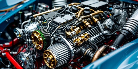Intricate Close-Up of a Custom Race Car Engine Showcasing Unique Mechanical Design Element