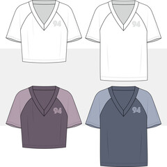 men and women raglan sleeve v neck jersey t-shirt cropped drawing set. fashion design flat sketch illustration. 

