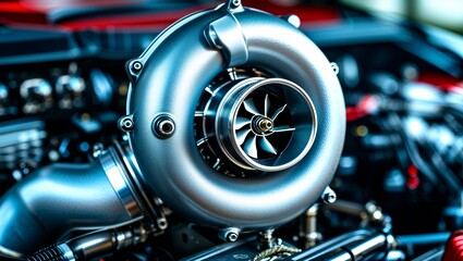 Fototapeta premium Turbocharged Performance: A close-up of a powerful turbocharger, showcasing the intricate engineering and sleek design of this high-performance automotive component