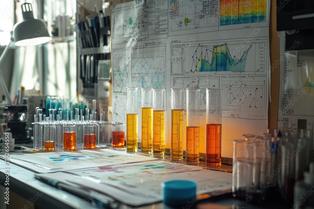 Poster Scientist analyzing test tubes with orange liquid in laboratory with charts displayed on board
