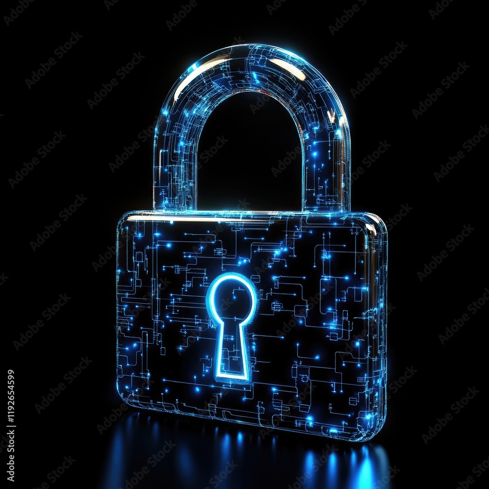Poster glowing padlock symbolizing digital security in cyberspace
