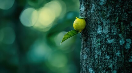 Small lime growing on tree trunk in forest.