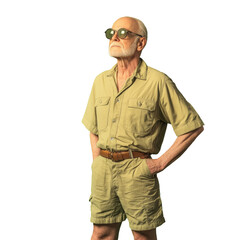 Fototapeta premium Elderly man in sunglasses wearing khaki outfit isolated on white