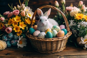 The banner. Easter bunny in a wicker basket filled with colorful Easter eggs. The concept of the spring Easter holiday.