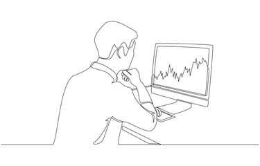 Continuous one line drawing of businessman looking at stock chart on monitor, stock investment concept, single line art