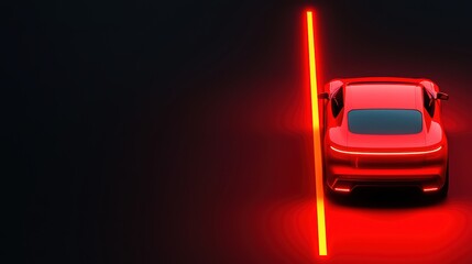 Red Sports Car with Neon Light on Dark Background at Night