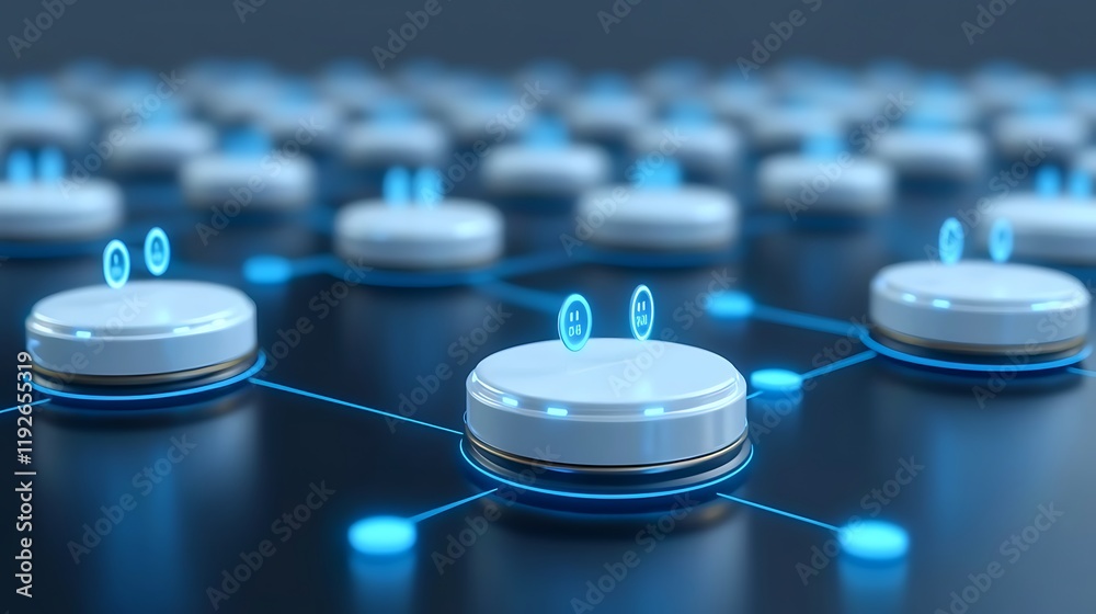 Poster futuristic digital network with glowing buttons and user icons on a dark background for technology c