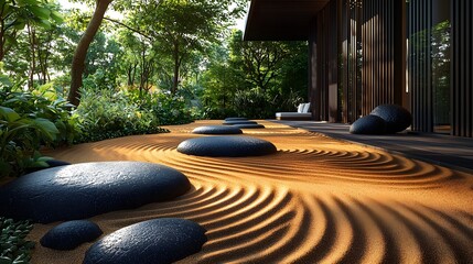 Tranquil Zen Garden with Raked Sand and Smooth Stones in Natural Setting