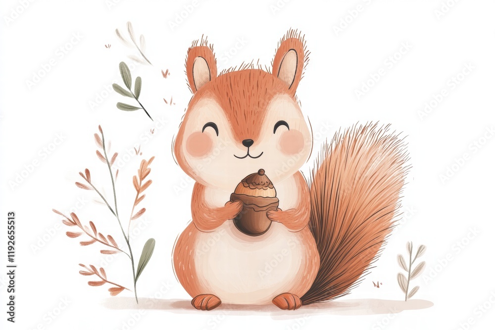 Aufkleber cute squirrel holding an acorn surrounded by simple floral elements in a whimsical illustration styl