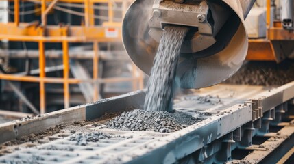 A focused shot of a concrete mixer pouring material into molds at a precast concrete factory, Precast concrete manufacturing scene, Industrial production style