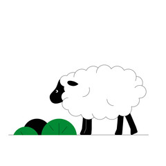Sheep Grazing Near Green Shrubs In Flat Vector Illustration Symbolizing Farming, Livestock Care, And Rural Life, Isolated On White Background.