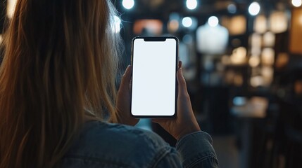 A woman holds a smartphone with a blank white screen, viewed from behind, in an indoor setting. Concept of mobile technology. Mock up