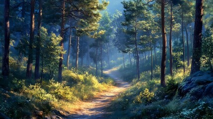 Obraz premium A serene forest pathway illuminated by soft light, surrounded by lush greenery and tall trees, creating a peaceful and enchanting atmosphere