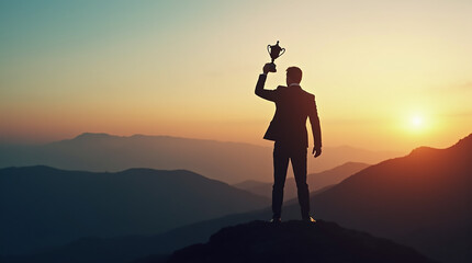 A person stands triumphantly on a mountain peak during sunset, raising a trophy high above their head, symbolizing victory and accomplishment against a stunning backdrop of mountains and orange sky.
