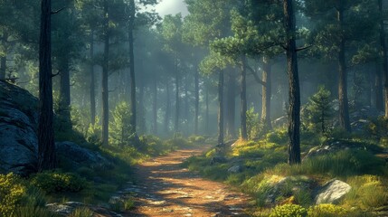 A serene forest path surrounded by tall trees, dappled sunlight, and patches of mist, creating a tranquil and inviting atmosphere for exploration