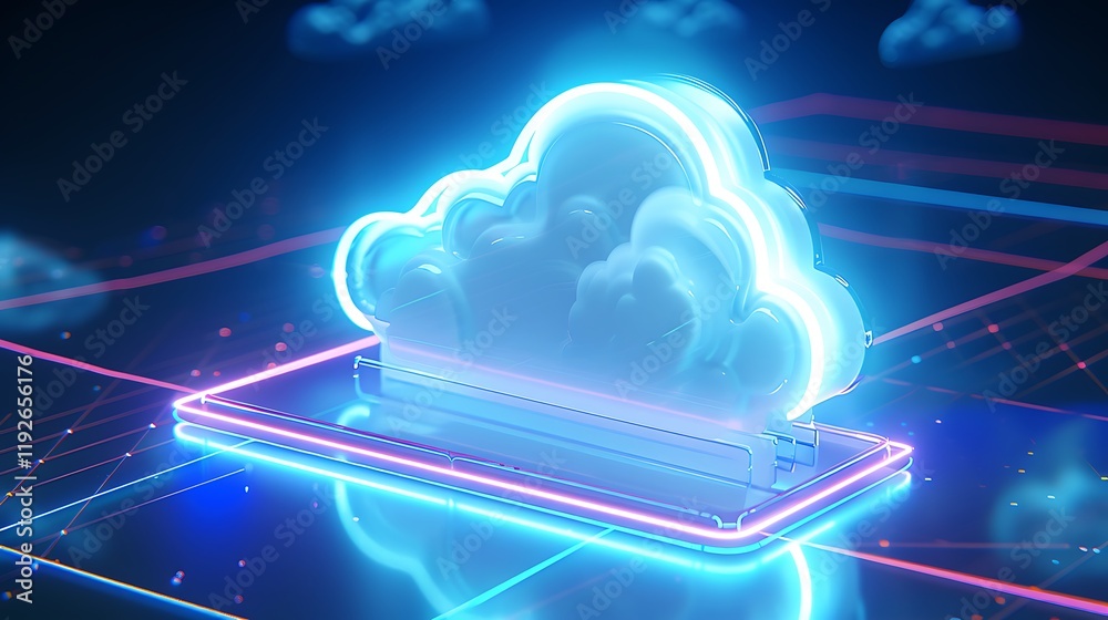 Poster futuristic neon cloud computing symbol with bright glow on digital background and abstract data grid