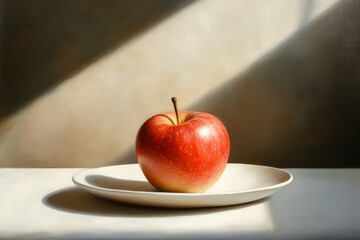 A beautifully lit red apple sits on a white plate against a softly blurred background, emphasizing its glossy skin and natural colors