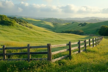 Fototapeta premium A serene landscape featuring rolling green hills, a wooden fence, and a peaceful sky with soft clouds, creating a tranquil rural scene