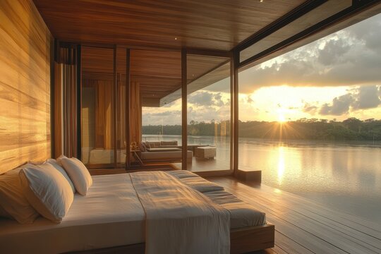 Fototapeta Sunset river view bedroom, luxury suite, tropical resort