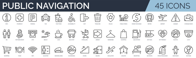 Set of 45 outline icons related to public navigation. Linear icon collection. Editable stroke. Vector illustration	