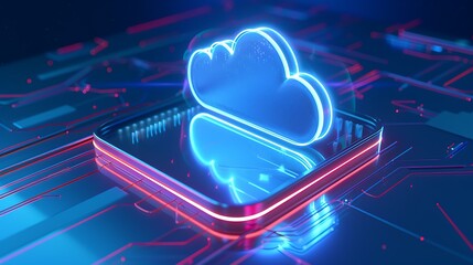 Futuristic Neon Cloud Icon Over High-Tech Circuit Board Background for Digital Technology Concepts