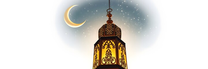 Obraz premium Traditional Tattoo Art Lantern Under Crescent Moon and Starry Sky