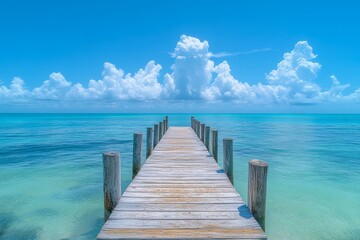 Fototapeta premium A serene wooden pier extends into a tranquil turquoise sea under a clear blue sky filled with fluffy clouds, creating a picturesque coastal scene